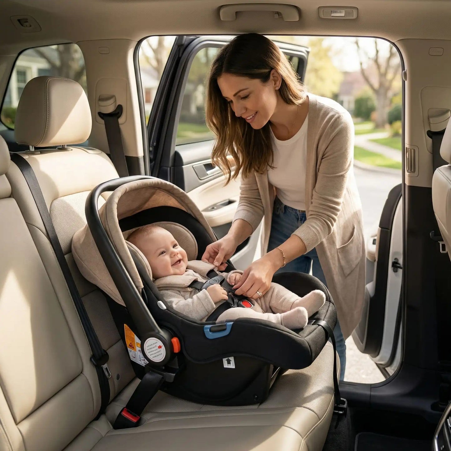 bébé bien intallé en voiture dans la maxi cosy de sa poussette 3 en 1