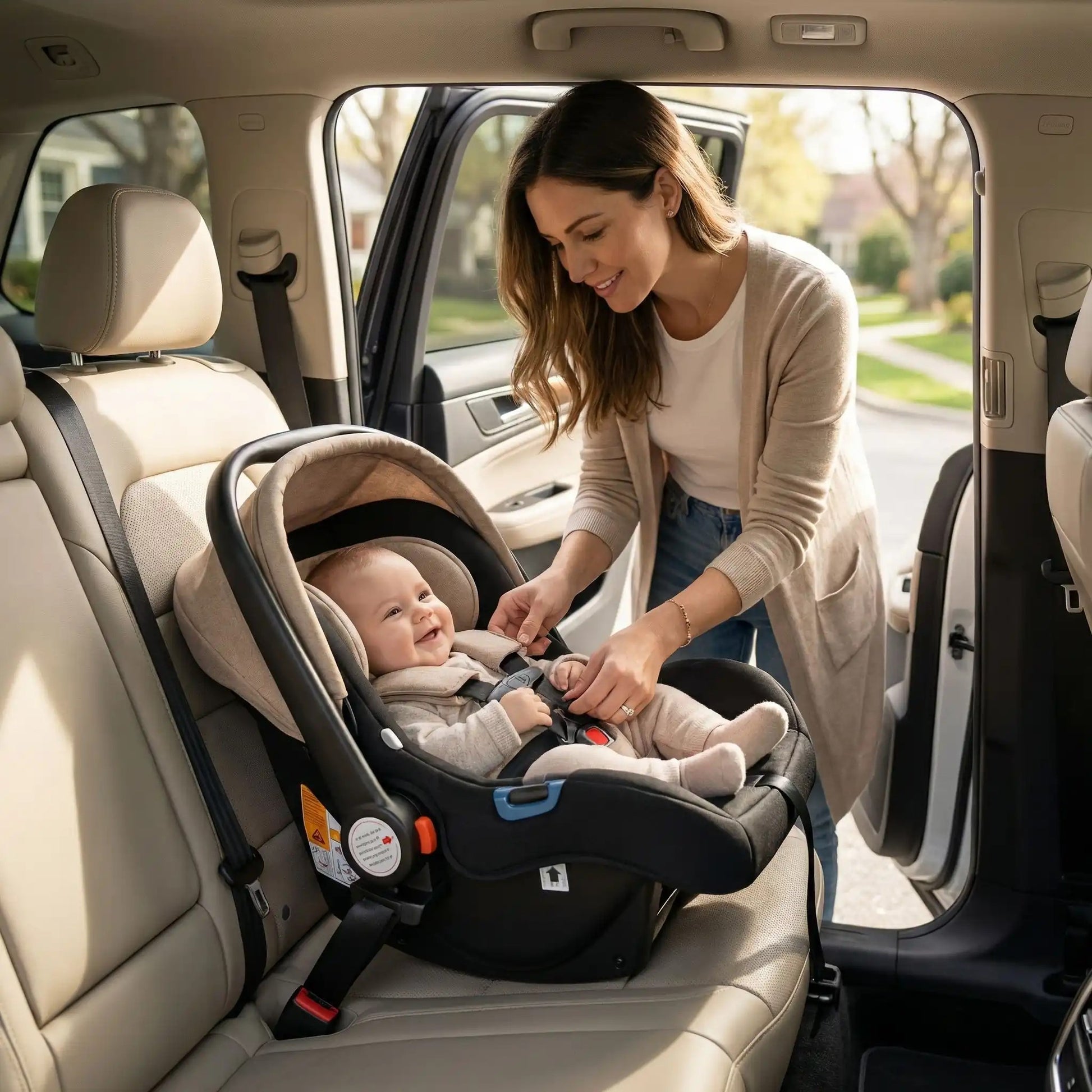 bébé bien intallé en voiture dans la maxi cosy de sa poussette 3 en 1