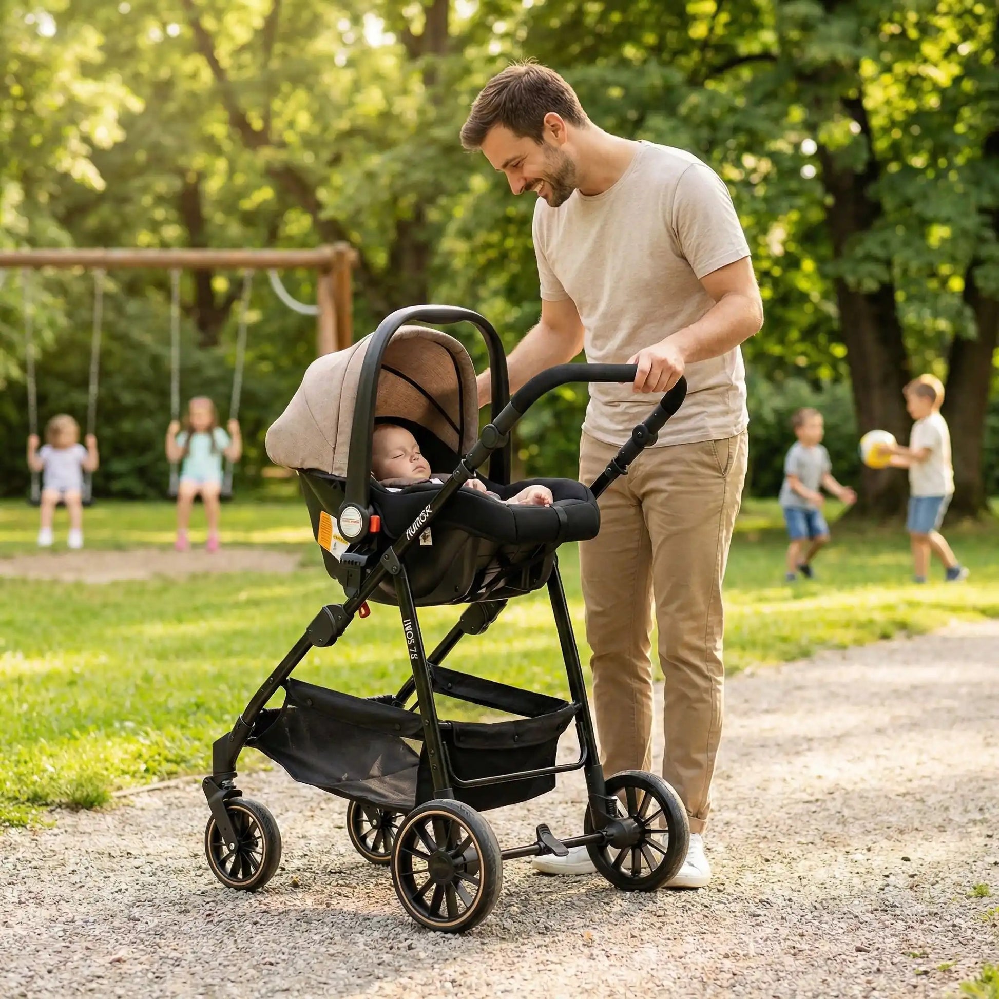 bébé paisiblement endormi dans sa poussette 3 en 1