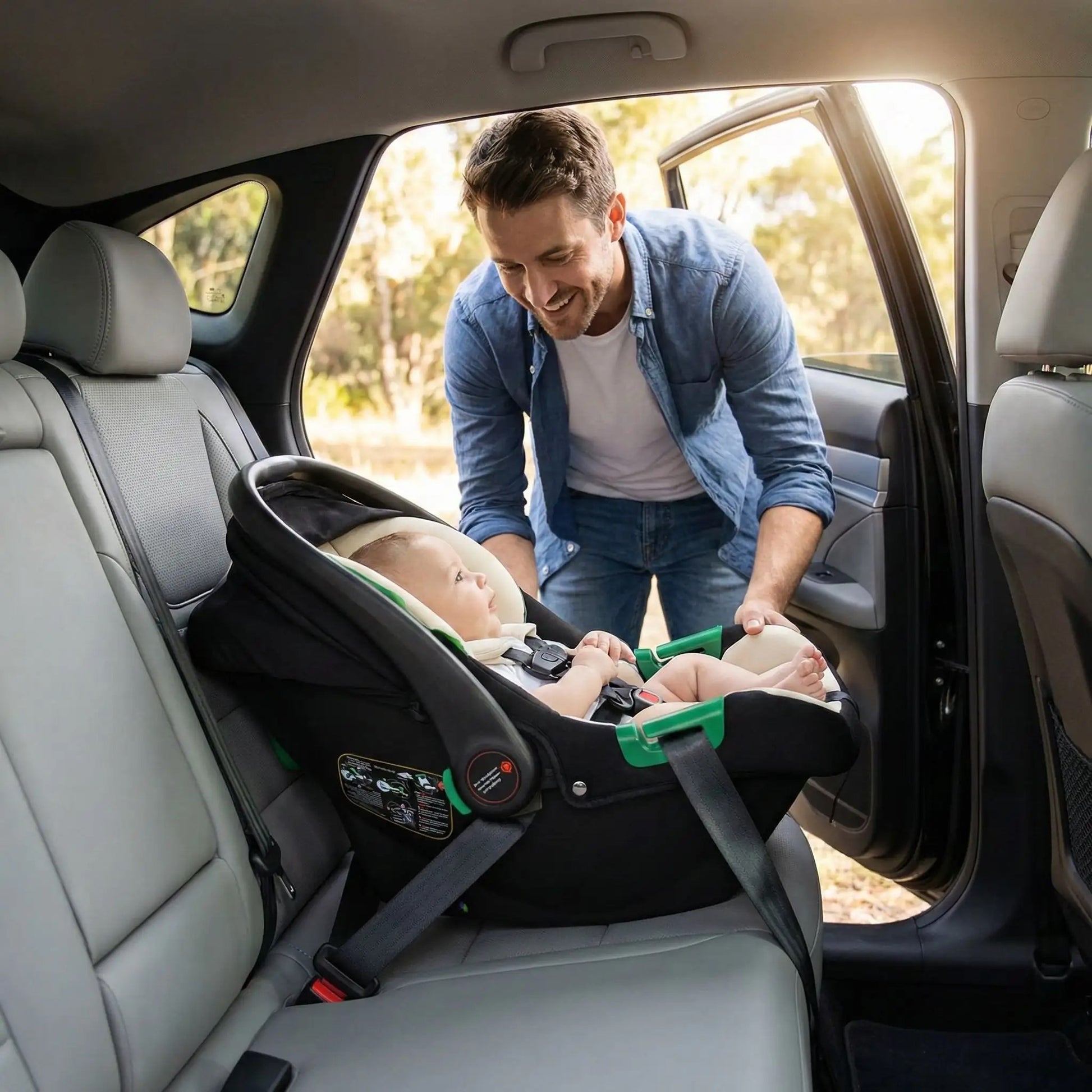 papa insalle bébé dans le siège auto de sa poussette 3 en 1