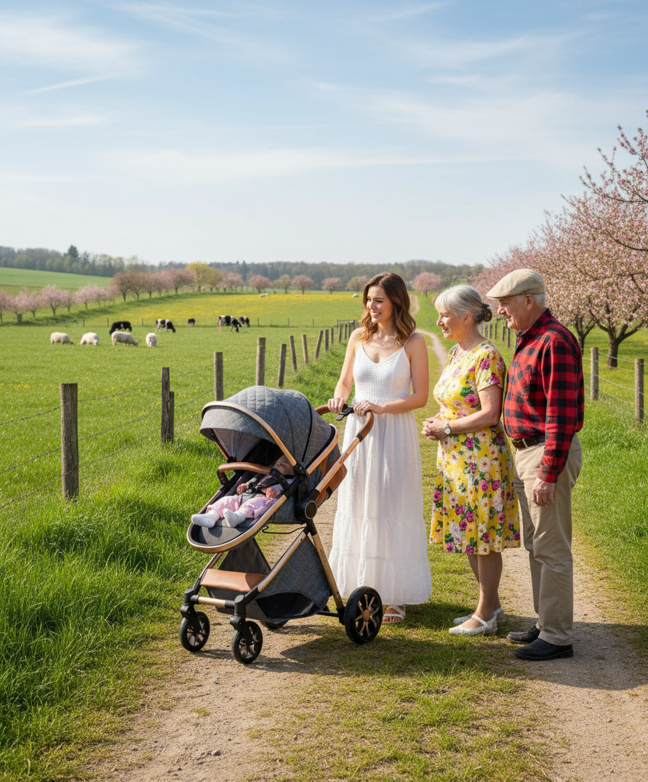 Maman en visite chez les grands parents avec bébé dans sa poussette 3 en 1