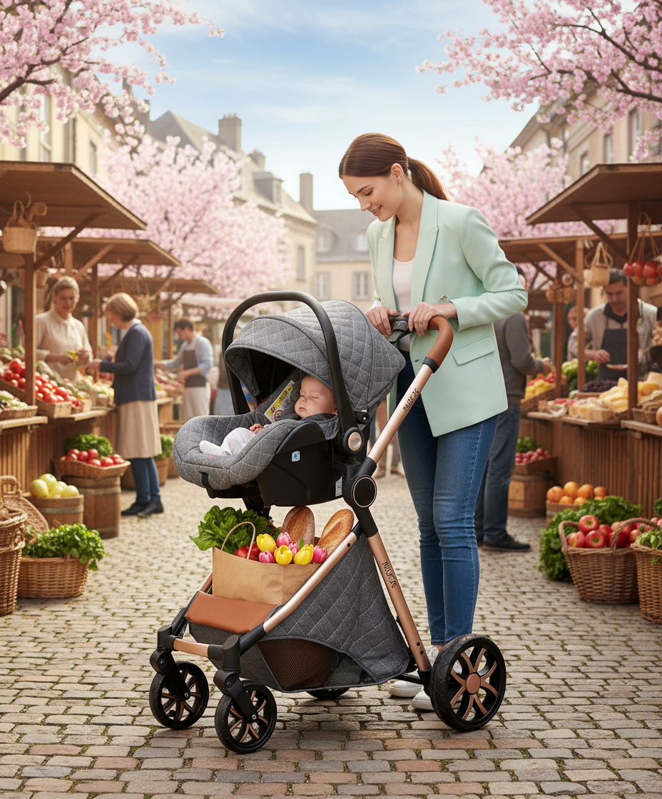 maman au marché avec bébé endormi dans sa poussette 3 en 1