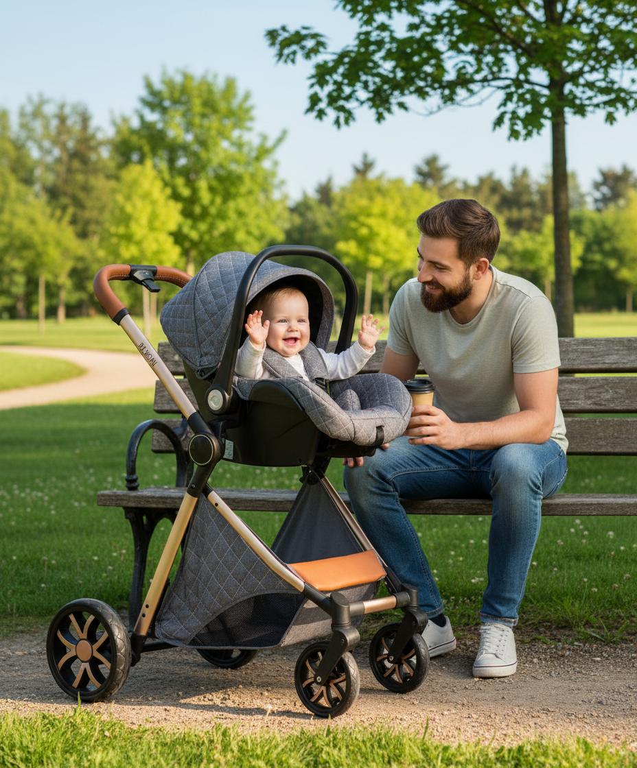 papa avec bébé au parc dans sa poussette 3 en 1