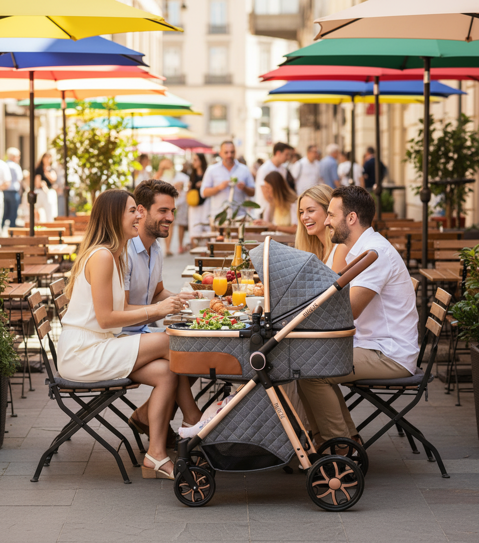 papa et maman au restaurant avec bébé dans sa poussette 3 en 1 et des amis