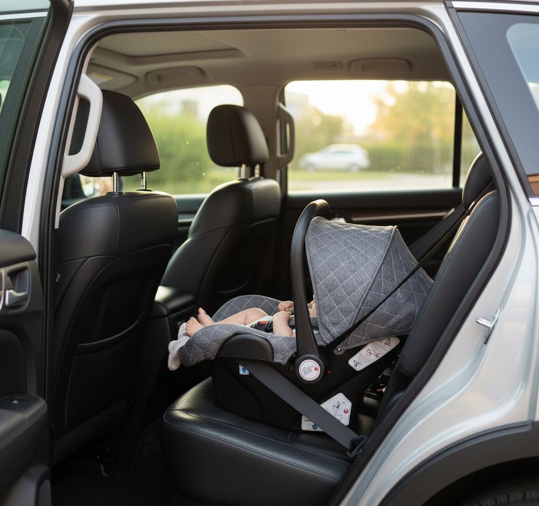 bébé dans la voiture das le siège auto de sa poussette 3 en 1