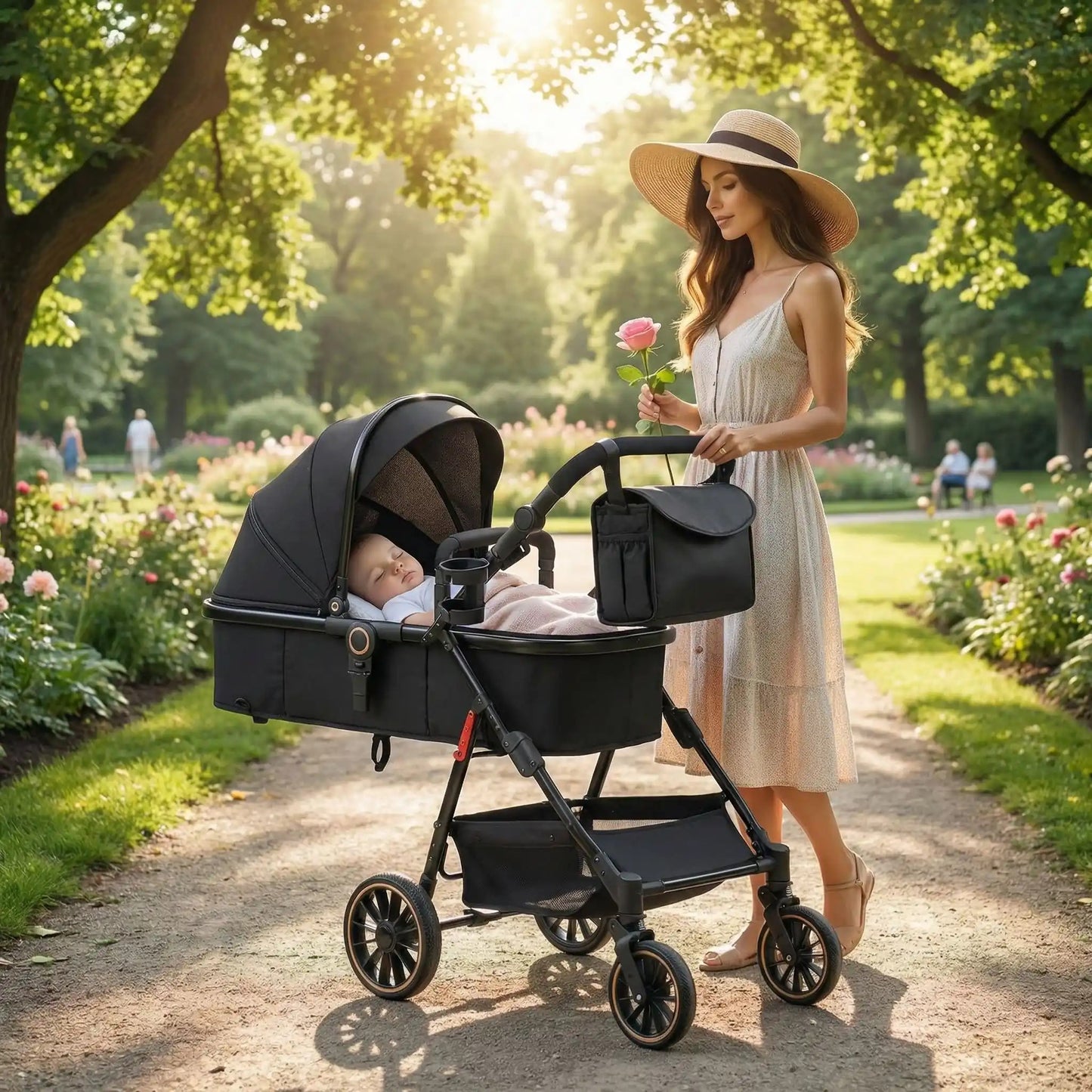 maman au parc avec bébé dans sa poussette 3 en 1