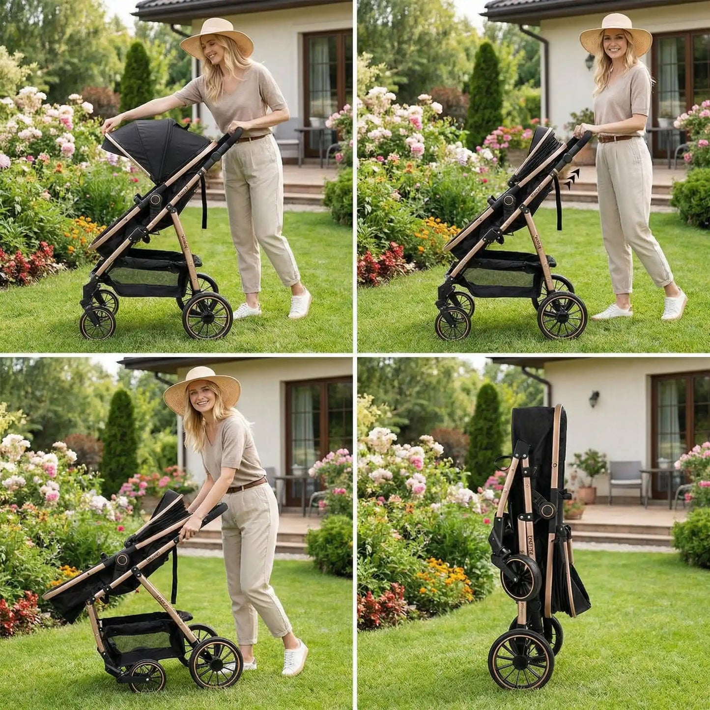 maman plie la poussette 3 en 1 en toute tranquillité