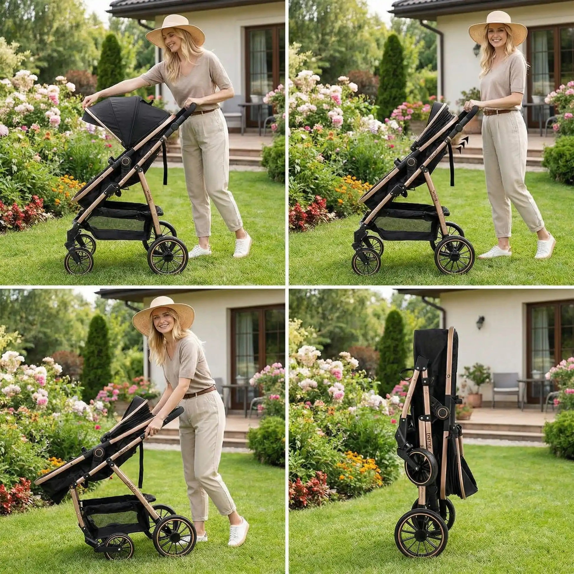 maman plie la poussette 3 en 1 en toute tranquillité