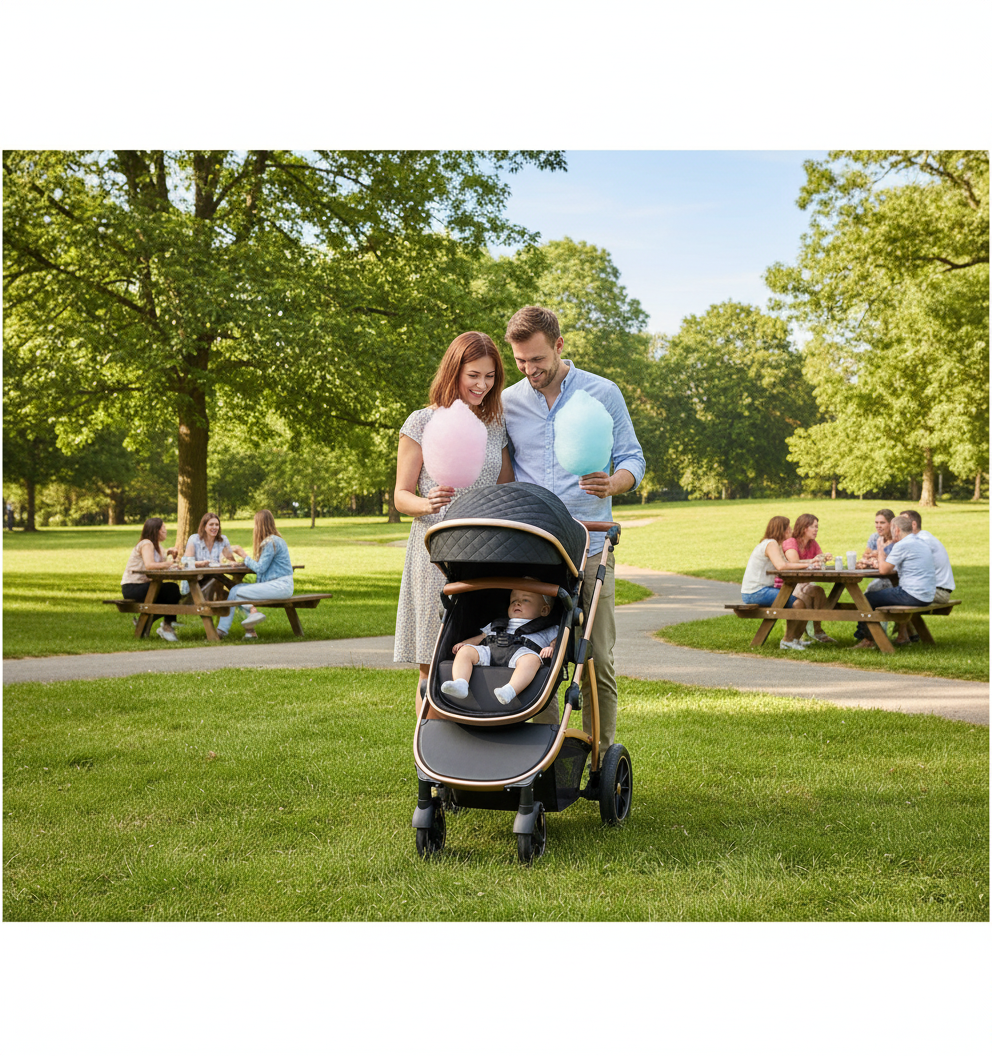 maman et papa déguste une barbe à papa et bébé endormi dans sa poussette 3 en 1 au parc