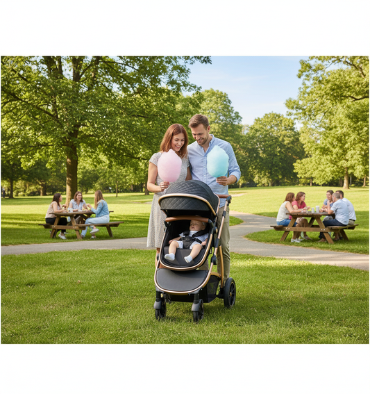 maman et papa déguste une barbe à papa et bébé endormi dans sa poussette 3 en 1 au parc