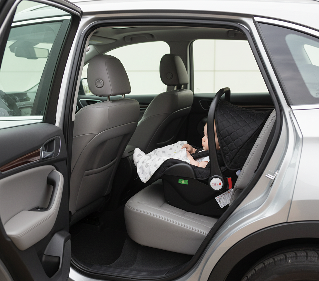 bébé dans la voiture dans le siège auto de sa poussette 3 en 1