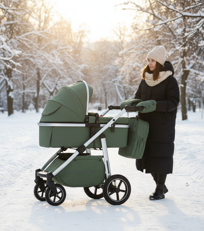 maman sous la neige avec bébé dans sa poussette 3 en 1