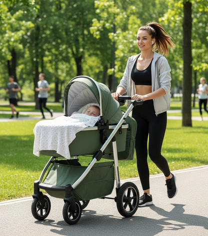 maman fait son footing au parc avec bébé endormi dans sa poussette 3 en 1
