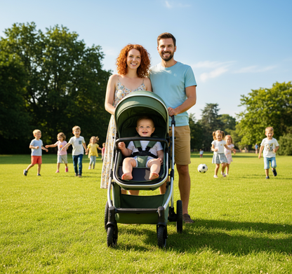 papa et maman se promènent au parc avec bébé dans sa poussette 3 en 1