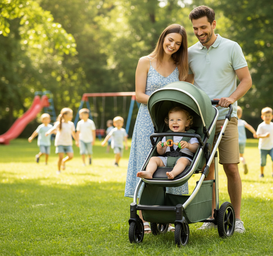 papa et maman au parc avec leur bébé heureux dans sa poussette 3 en 1