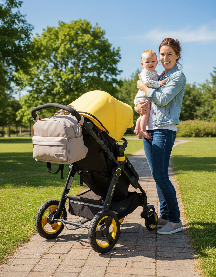 maman porte bébé et son sac à dos à langer attaché à sa poussette