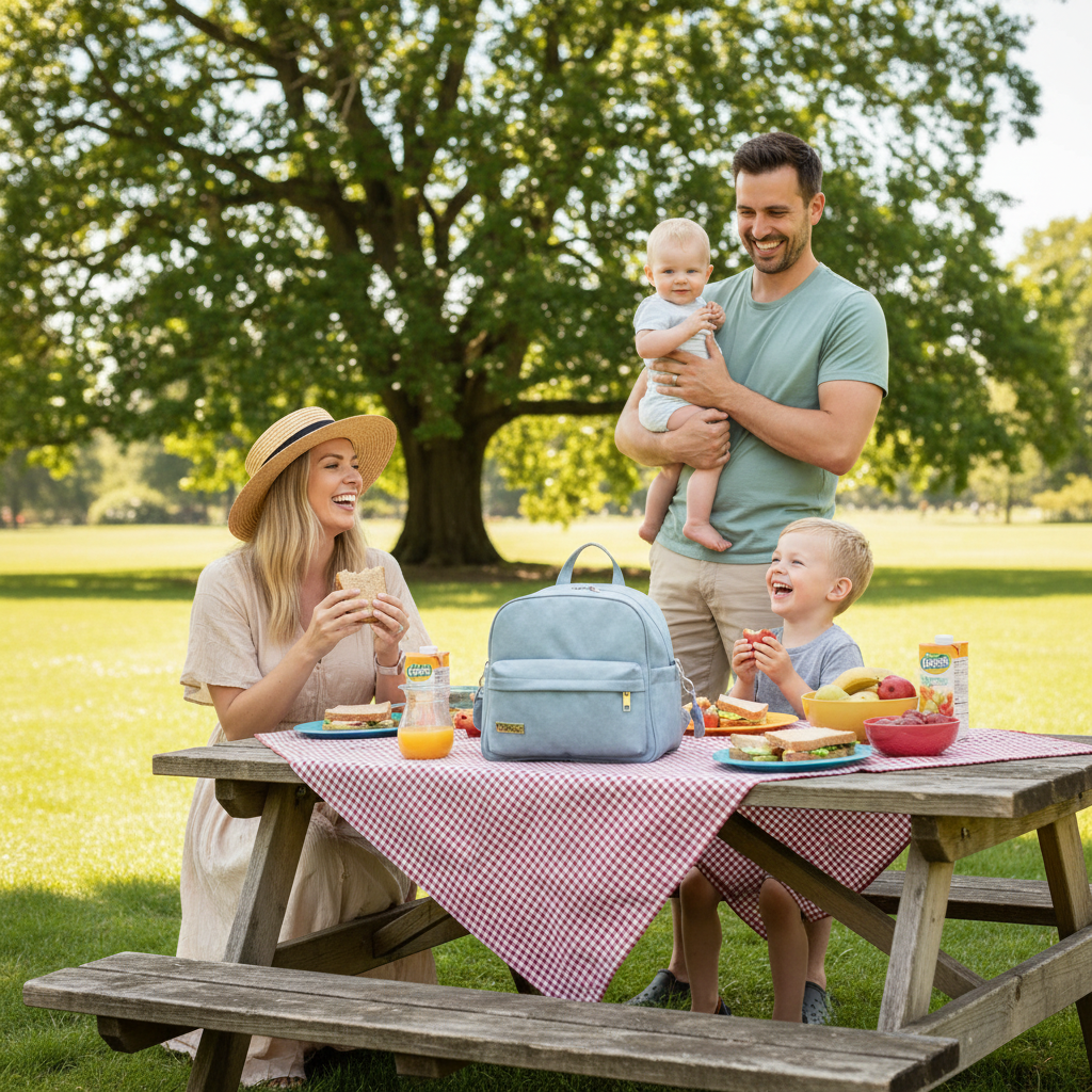 pique-nique en famille et sac à dos à langer de bébé sur la table