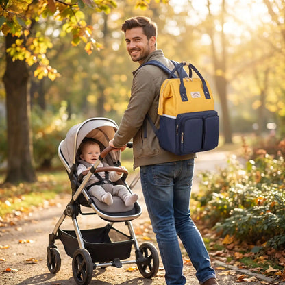 papa au parc avec bébé dans sa poussette et papa porte le sac à dos à langer