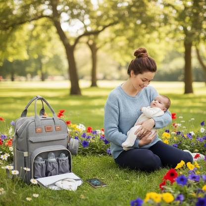 bébé avec maman au parc et son sac à dos à langer pour tout emporter