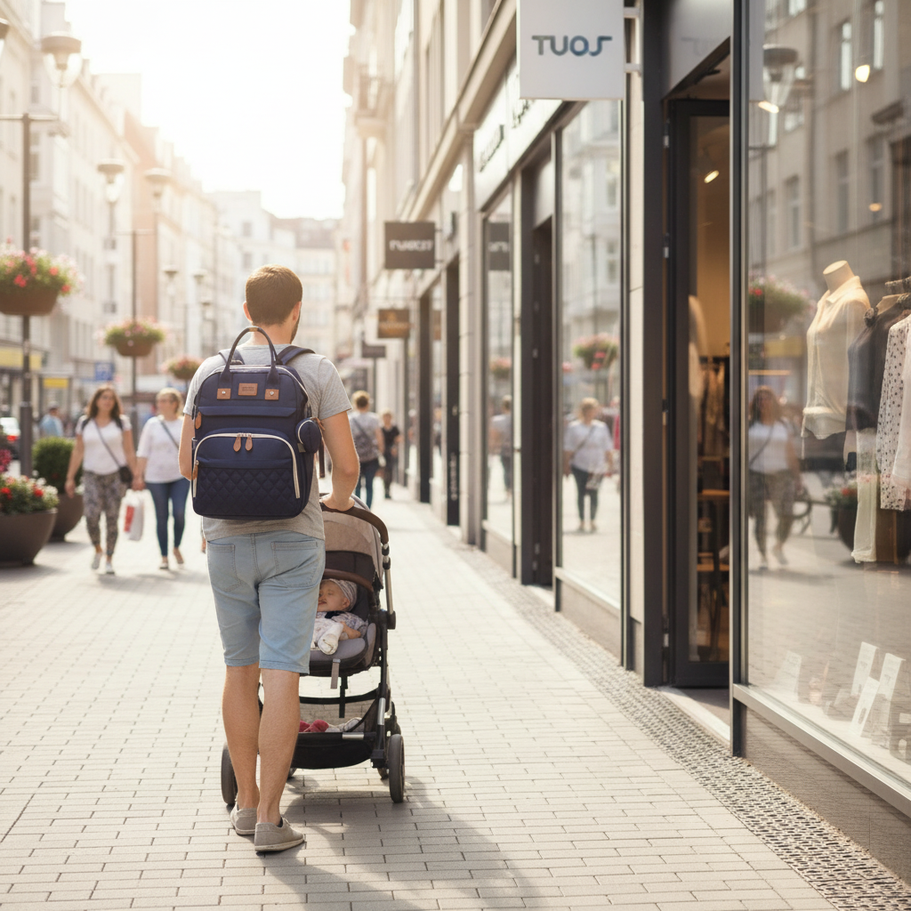 papa promène bébé en ville et porte son sac à dos à langer
