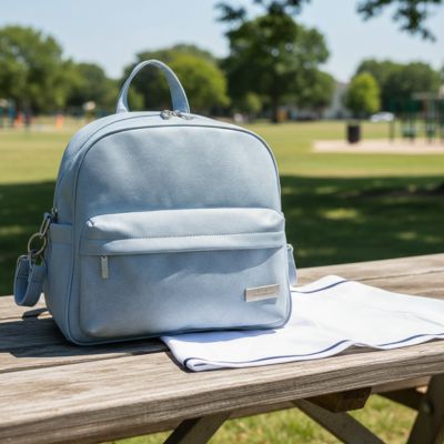 sac à dos à langer posé sur la table du parc