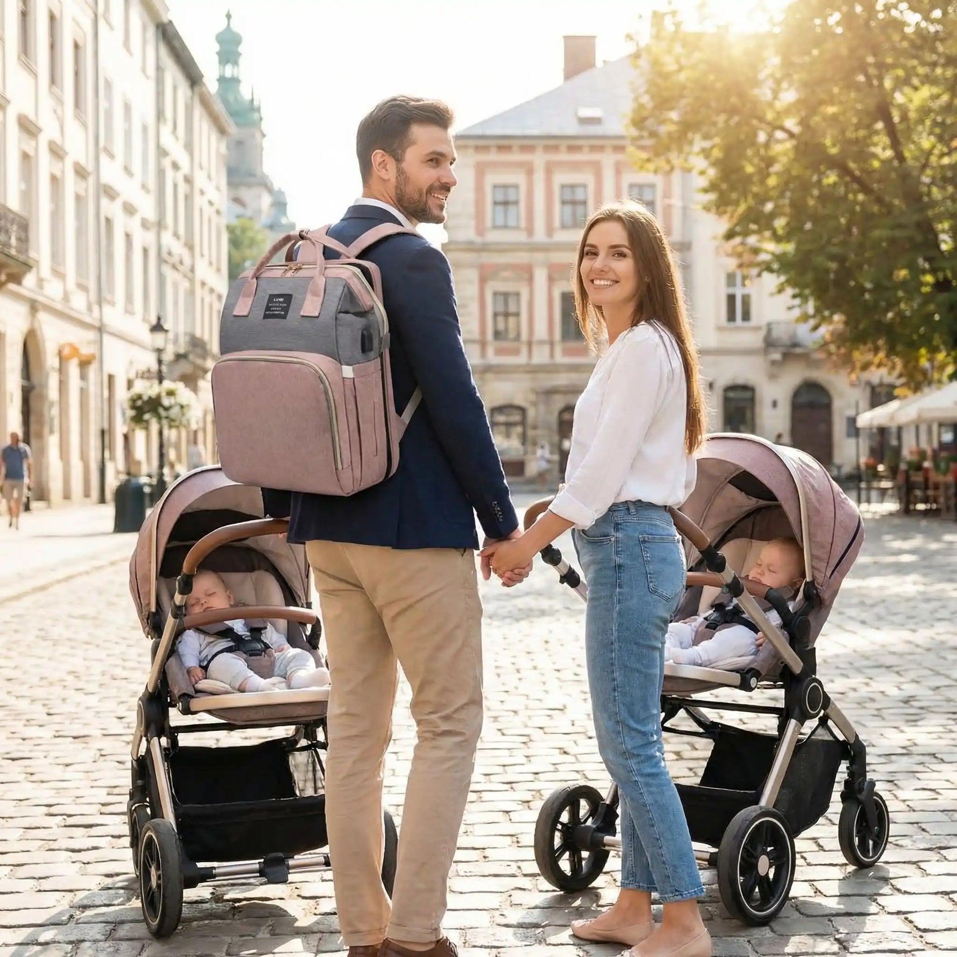 papa se promène avec maman et les jumeaux et porte le sac à dos à langer