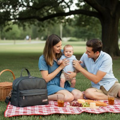 pique nique au parc et les affaires de bébé rangées dans son sac a langer 