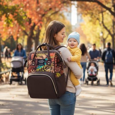 maman porte bébé et son sac a langer bebe au parc