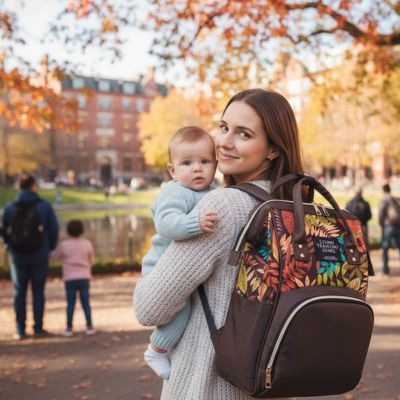 maman porte bébé et son sac a langer bebe au parc
