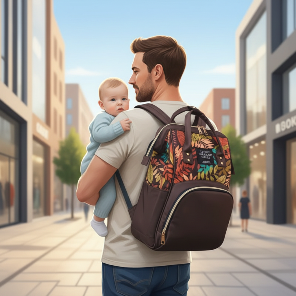 papa porte bébé et son sac a langer bebe en ville