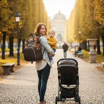 maman porte bébé et son sac a langer bebe au parc