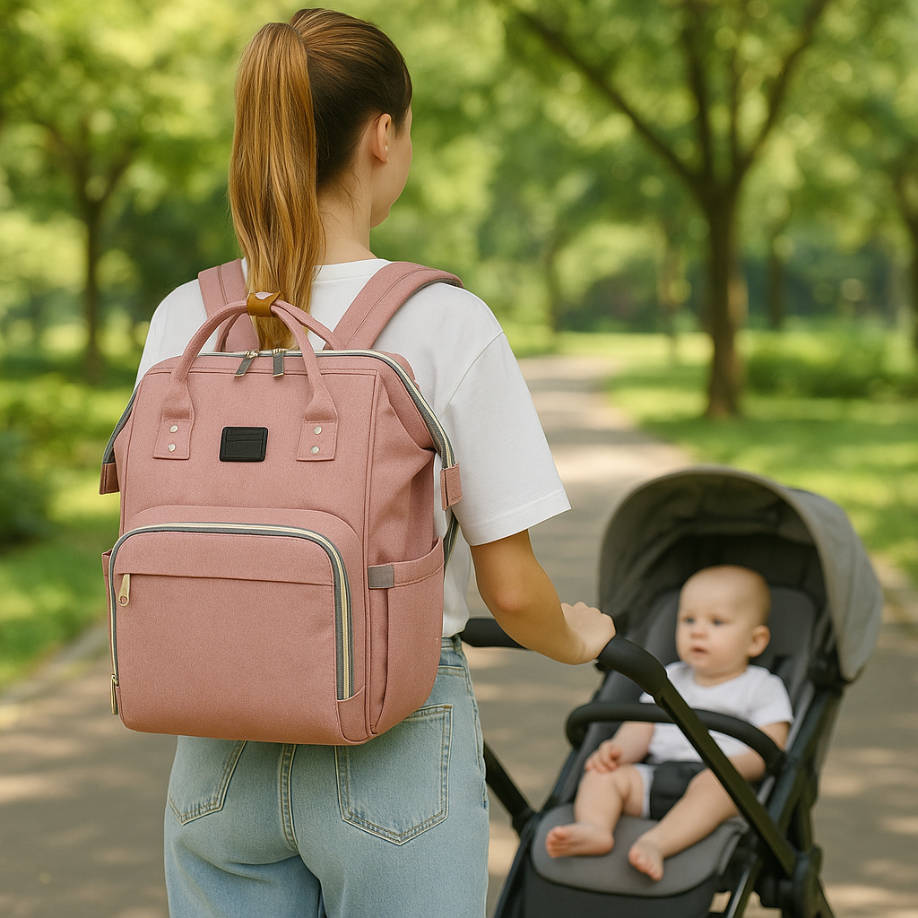 sac a langer bebe en promenade avec maman dans la poussette