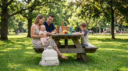 sortie en famille au parc et sac a langer beige posé sur le gazon