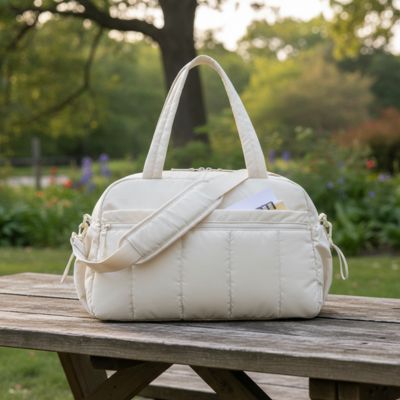sac a langer beige matelassé posé sur une table au parc