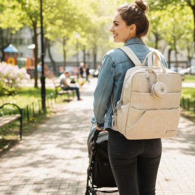maman au parc pousse bébé dans sa poussette et porte son sac a langer