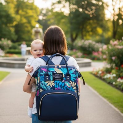 maman porte bébé au parc et porte son sac a langer