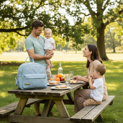 sortie en famille au parc avec le sac a langer bleu chic