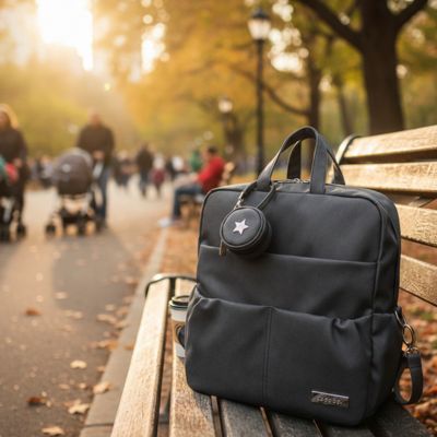 sac a langer noir chic sur un banc au parc
