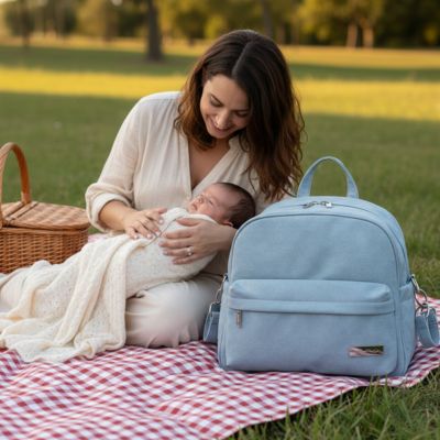 maman au parc avec bébé et son sac a langer