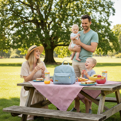 sortie en famille au parc avec le sac a langer bleu chic