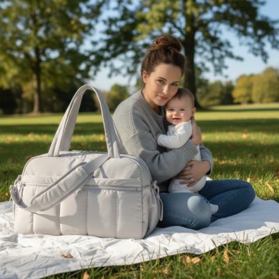 maman au parc avec son bébé et son sac a langer gris