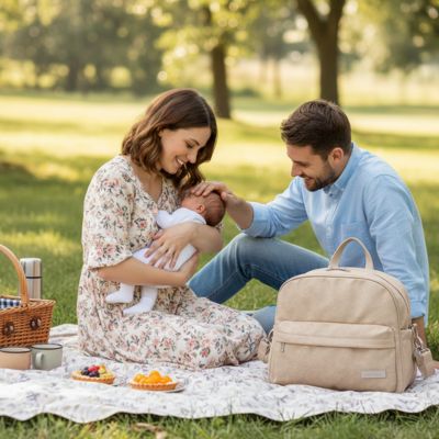 bébé au parc endormi et ses affaires dans son sac a langer