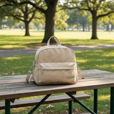 sac a langer kaki posé sur la table du parc