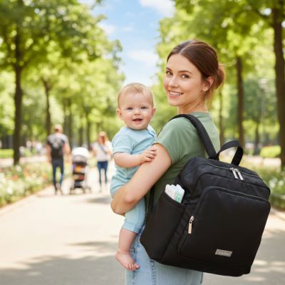 maman et bébé au parc et maman porte son sac a langer