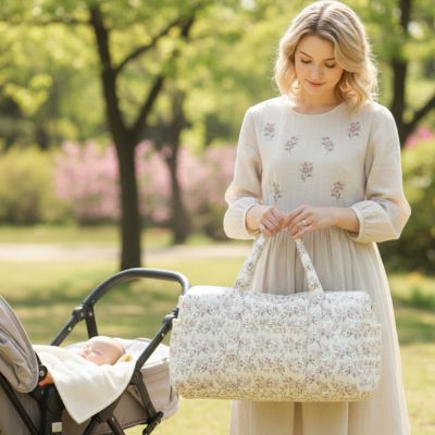 maman en promenade au parc avec bébé et son sac a langer