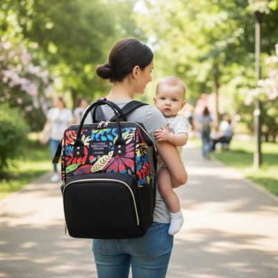 maman porte bébé et son sac a langer au parc