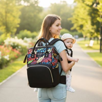 maman et bébé en promenade et maman porte le sac a langer