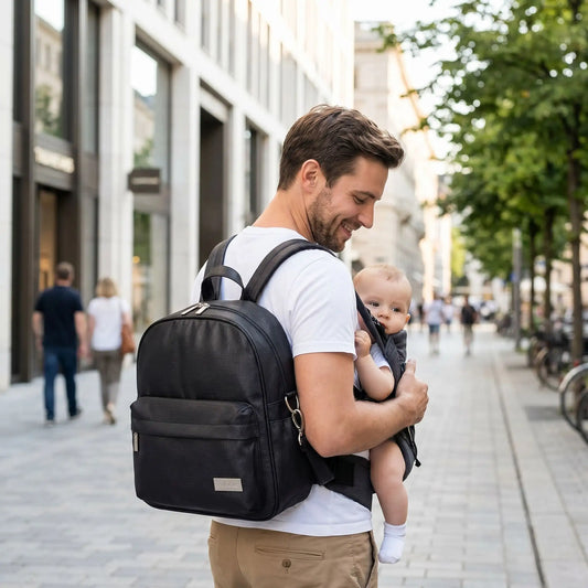 papa porte bébé et son sac a langer noir