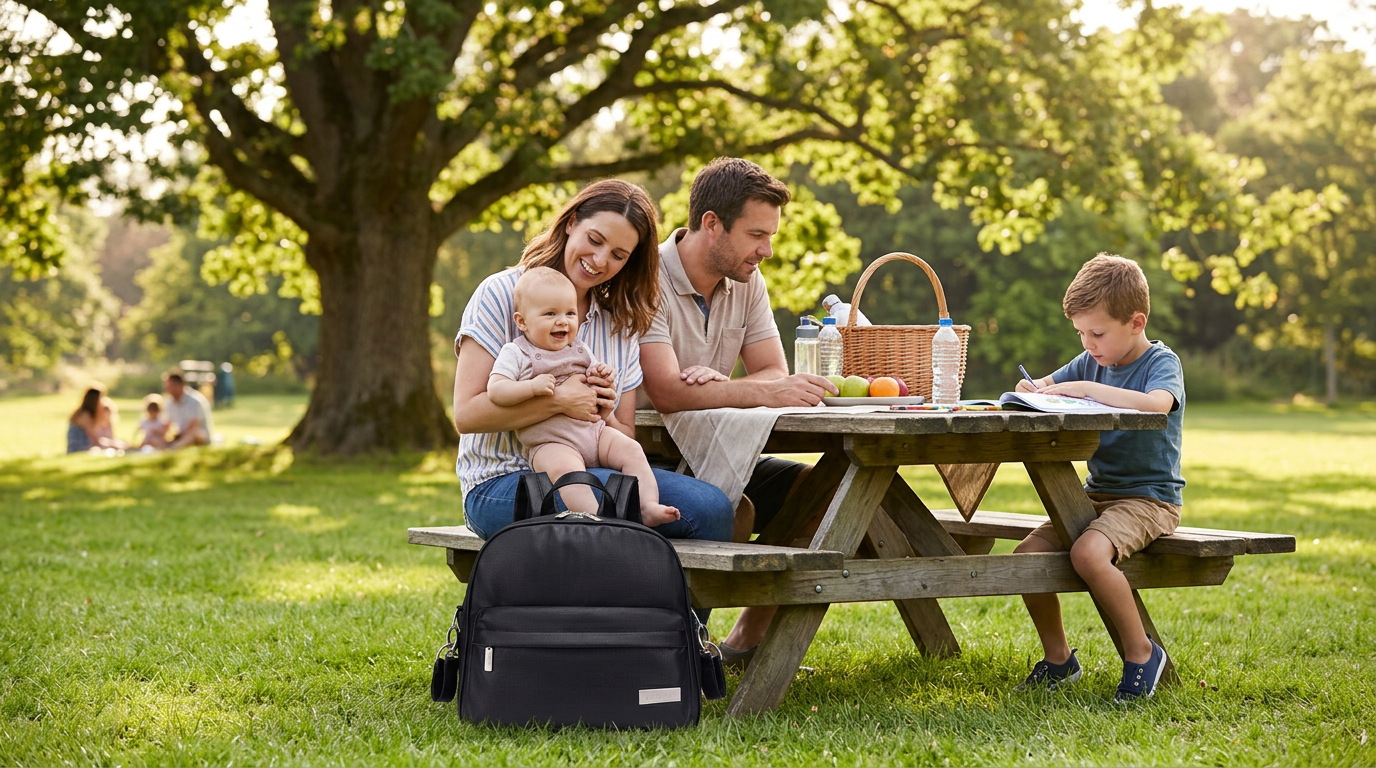 au parc en famille avec le sac a langer noir