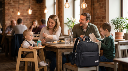 sortie au restaurant et le sac a langer noir sur la chaise